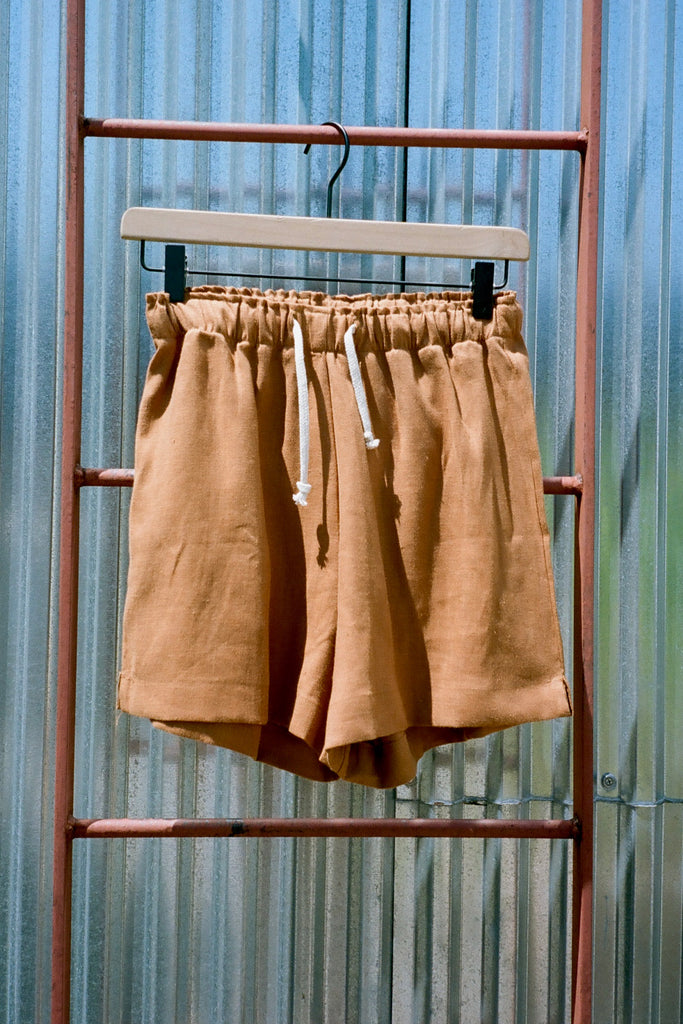Alex Crane Linen Bo Shorts in Rust at STATURE | staturenyc.com