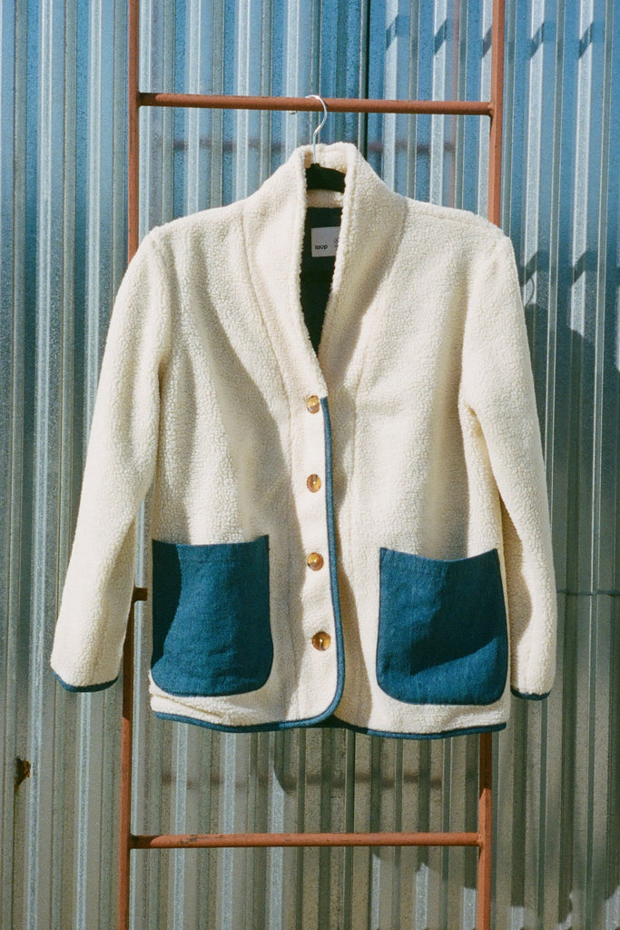 Loup NYC Cotswold Jacket (Petite Exclusive) - Ivory & Denim Faux Shearling at STATURE | staturenyc.com